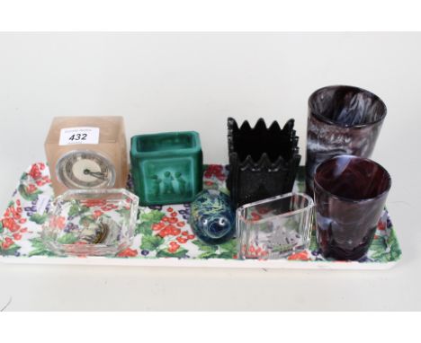 An Art Deco clock, Sowerby slag glass beakers plus other glass