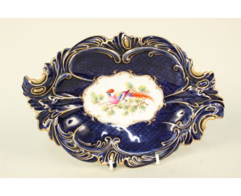 A Royal Worcester scale blue and gilt shaped edge dish painted with an exotic bird