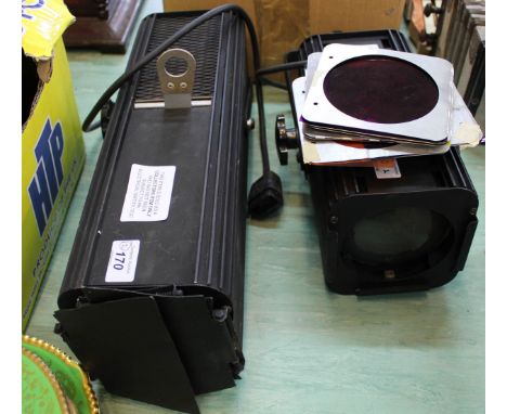 Two theatrical spot lamps and filters, this item is sold as a collectors item only and has not been subject to an electrical 