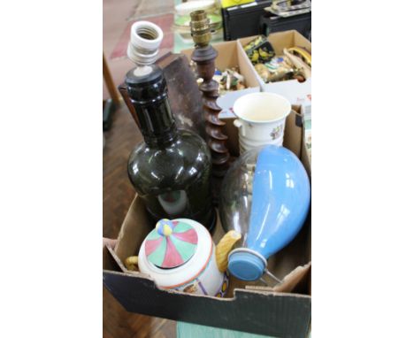 Various woodworking tools, ship in a bottle, circus design teapot plus a picture (two boxes)