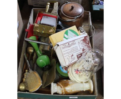 A dome clock, oak biscuit barrel and sundries