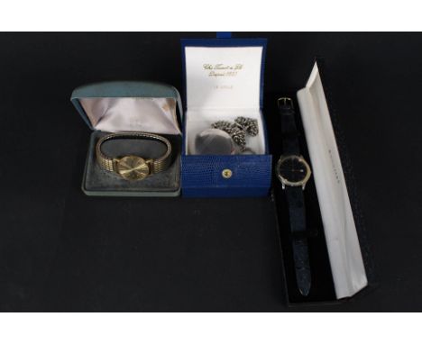 A white metal pocket watch on chain, Accurist wristwatch in box plus a gents gold plated Rotary wristwatch
