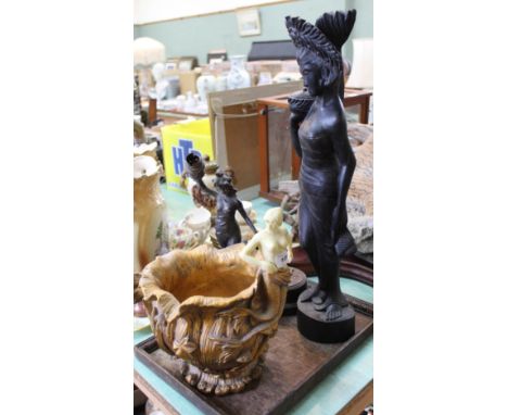 A spelter lady and child table lamp, Indonesian wood carving plus a composition mermaid bowl