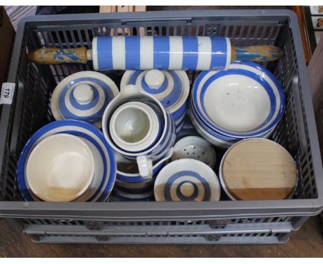 Cornish ware labelled storage jars plus other Cornish ware including a rolling pin