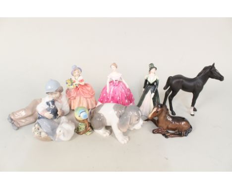 Coalport and Royal Doulton figurines plus Beswick, Nao and Lladro figurines and animals