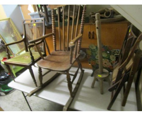 A lot of furniture to include an Edwardian cane seated folding chair, a washing dolly, Edwardian mahogany inlaid open armchai