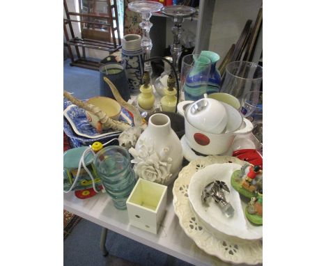 Mixed household and decorative items to include glass candlesticks and vases, a pestle and mortar, blue and white ceramics, a