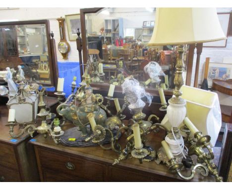 A mid 20th century brass five arm ceiling light, together with mixed lighting to include a modern lamp fashioned as an elepha