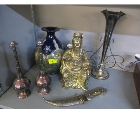 A Royal Doulton vase stamped and signed M W, together with a brass model of a Chinese man, mixed silver plate and an ornament