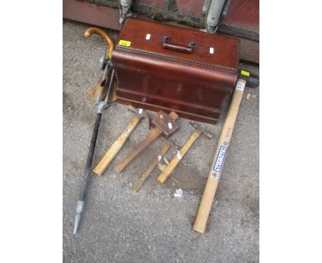 A mahogany cased sewing machine together with a shooting stick and mixed tools 