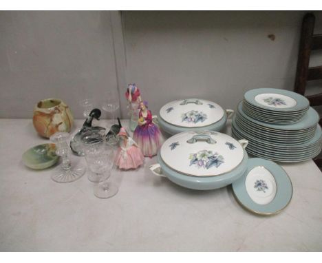 Glassware to include three pedestal glasses 19th century, a pair of candlesticks, a Royal Worcester Woodland pattern part din