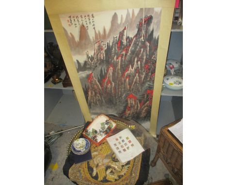 Collectables to include a painted scroll, jade coloured model trees, ceramics, postage stamps and a Thai fabric panel 
