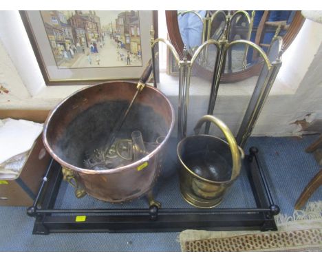 A mixed lot of copper and brass fire furniture, a cut glass light shade with fittings, a door knocker and other items 