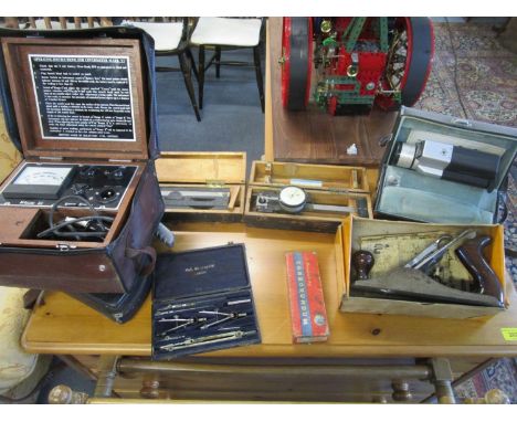 A mixed lot of tools to include a cased Covermeter Mark VI, a Stanley Bailey No 4 woodworking plane, Hall, Harding Ltd geomet