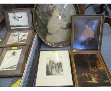 Geoffrey Watson - Biplanes in flight, three prints of original pencil drawings, together with two portrait prints, an engravi