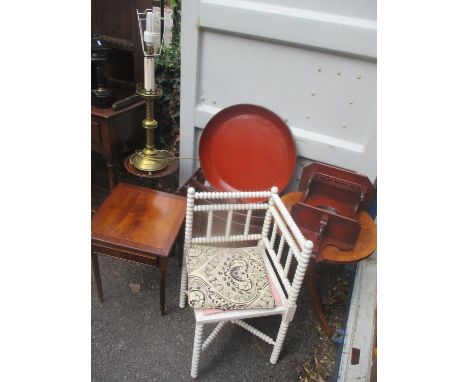 A mixed lot to include a painted bobbin turned corner, chair, a Canterbury, a brass table lamp, yew occasional table and othe