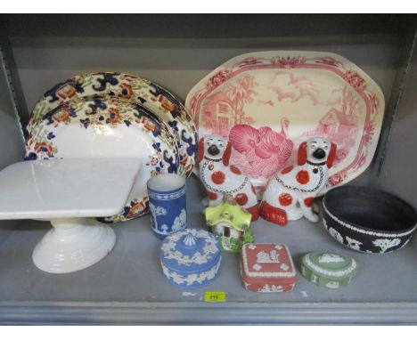 A selection of ceramics to include Wedgewood Jasperware, a pair of Staffordshire dogs, pottery stand, Johnson Bros Banyard tu