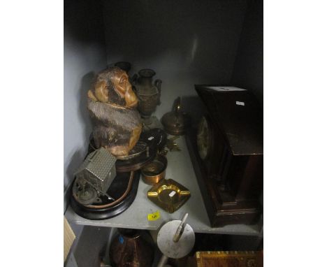 Collectables to include a Victorian metal cased mantle clock, a pair of spelter side pieces, a carved wooden monkey and other
