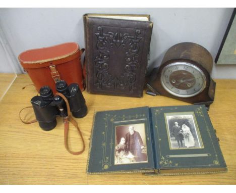 A pair of Tosco binoculars in original leather case, together with two Victorian photograph albums and a wooden cased Smiths 