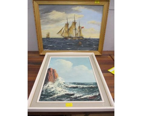 Early/mid 20th century seascape with a rocky outcrop and seagulls, oil on canvas, framed and R Thomas a view of a galleon, oi