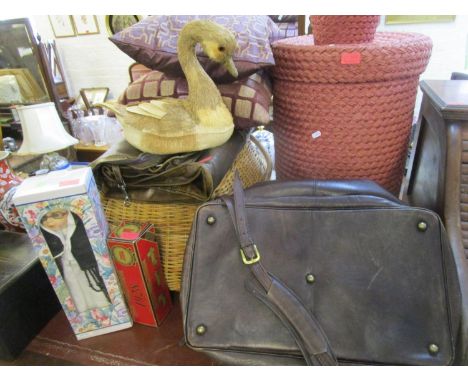 A hamper basket, a Hi design brown leather holdall, a suit carrier, a travelling jewellery box, baskets and other items, a qu