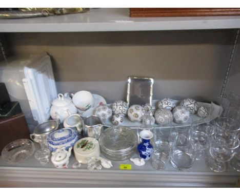 Decorative household items to include OKA ceramic balls, mixed 20th century china and glassware, together with storage contai