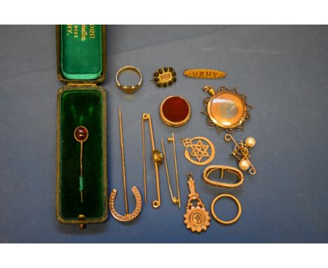 A small collection of Victorian 9ct gold and other metal jewellery, to include: a cabochon ruby cravat pin, a pearl set horse