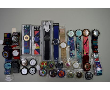 Swatch Watch: three cased and twenty seven Swatch Pop watches, fourteen with wrist bands.