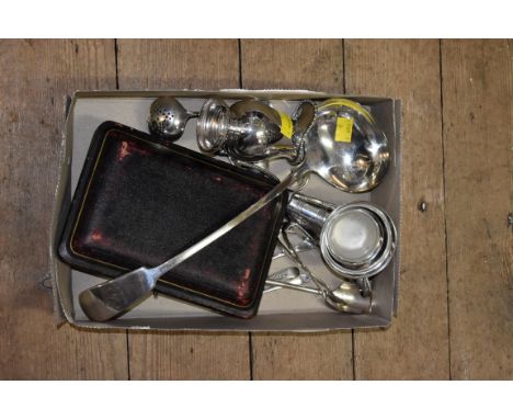 A cased set of EPNS apostle teaspoons with matching tongs; together with a silver plated fiddle pattern ladle;and other items