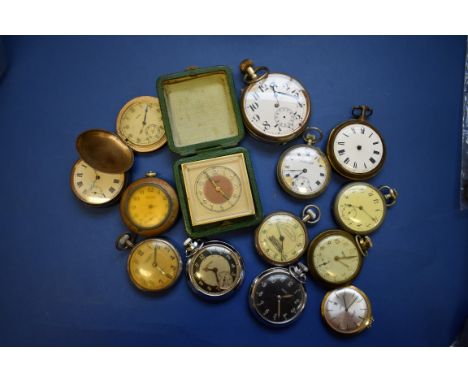 A quantity of pocket watches and a travelling clock. 