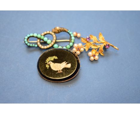 Three unmarked Victorian brooches, comprising; a pietra dura 'Dove of Peace'; together with a coiled serpent turqouise and pe