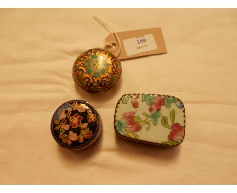 Two Cloisonne patch boxes wand a white metal and enamelled box 