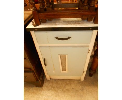 A 1950's blue and white painted kitchen cabinet with enamel top over a singles drawer and cupboard, 80 cm high x 54 cm wide x