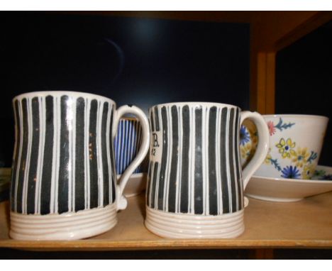 Two Rye pottery farmhouse cups and saucers and two mugs