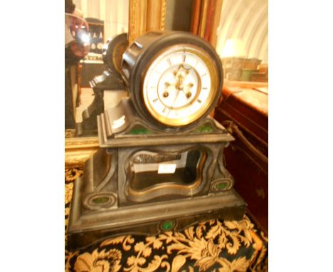 A 19th C French slate architectural mantle clock with enamelled dial and Roman numerals, marks Henry Marc, Paris