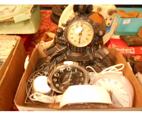 Two retro Metamec electric alarm clocks, a Westclox Big Ben alarm clock, a figural mantle clock and one other