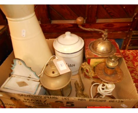 A box of assorted metal-ware to include enamel jug, containers, coffee grinder etc