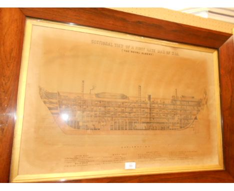 A Victorian engraving of a "Sectional View of a First-Rate Man of War (The Royal Albert)", set into a mahogany frame (print h