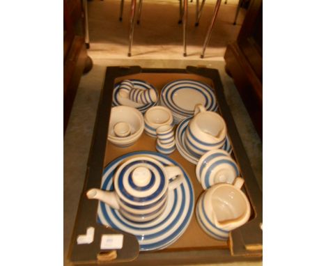 A T.G.Green blue and white Cornish teapot together with similar other blue and white striped dinner-ware