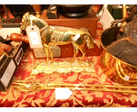 A brass jam pan, toasting fork, shoe horn and a carved wooden dragon etc
