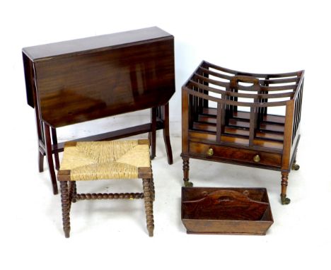 A group of furniture, including a mahogany Canterbury, 49 by 35.5 by 53cm high, a Georgian oak cutlery tray, a mahogany Sunde