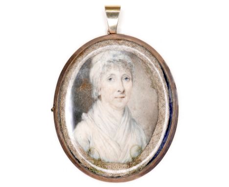A large early 19th century gold framed portrait miniature, depicting a lady in a white dress and bonnet, with a locket of hai