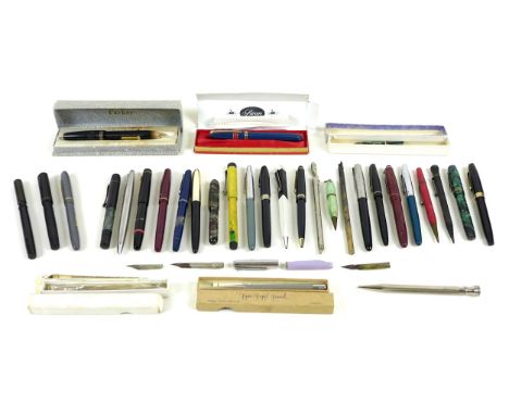 A collection of fountain pens and propelling pencils, mostly damaged, including four fountain pens with gold nibs which compr