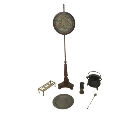 A firescreen, with circular glazed and framed textile top, together with a group of metal wares, comprising a miner's lamp, a
