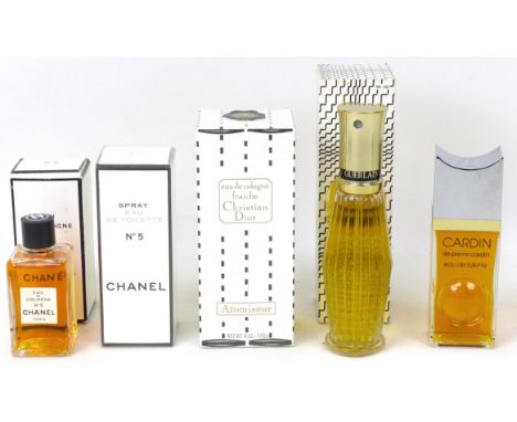 A group of vintage perfumes, comprising a 45ml bottle of Chanel No 5, spray EDT, boxed and still sealed, a 4oz bottle of Chri