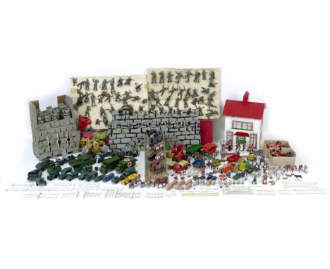 A large collection of vintage toys, including diecast metal farmyard animals with a scratch built farm, assorted plastic sold