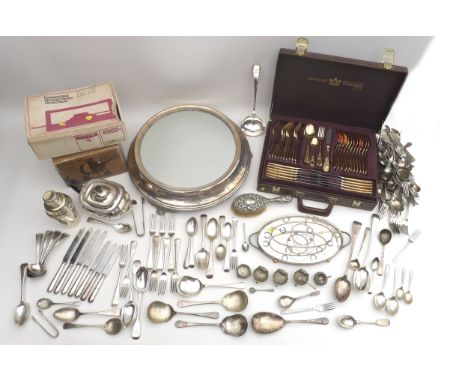 A collection of silver plated items, including a large quantity of cutlery, a mirrored cake stand, of circular form, and two 