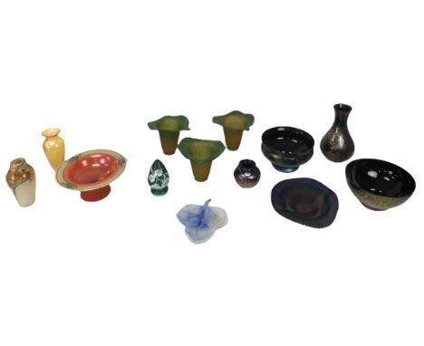 A collection of mid 20th century and later glass ware, including a Mary Gregory style light shade in green with applied folia