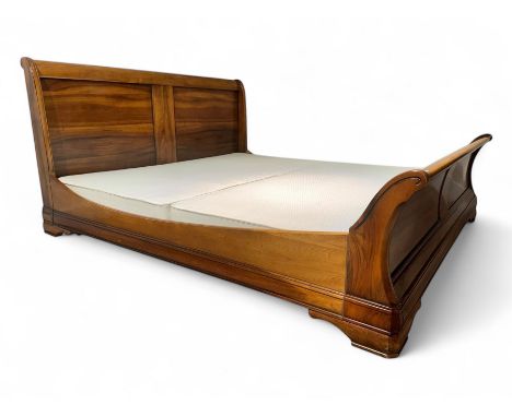 French cherry wood 6' Super King sleigh bed, curved headboard and footboard with panelled detailing, complete with supportive