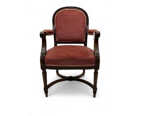 20th century French design mahogany fauteuil armchair, moulded and beaded framed, upholstered in pink fabric, rolled arms ove